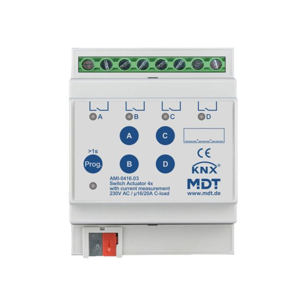 MDT AMI-0416.03 KNX Schaltaktor 4-fach 4TE REG 16/20 A 230 V AC C-Last mit Strommessung 200 µF