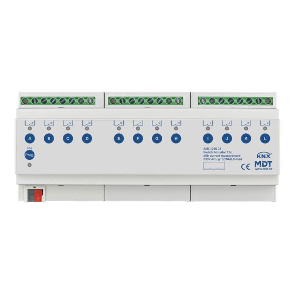 MDT AMI-1216.03 KNX Schaltaktor 12-fach 12TE REG 16/20 A 230 V AC C-Last mit Strommessung 200 µF