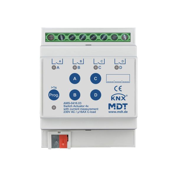 MDT AMS-0416.03 KNX Schaltaktor 4-fach 4TE REG 16 A 230 V AC C-Last mit Strommessung 140 µF