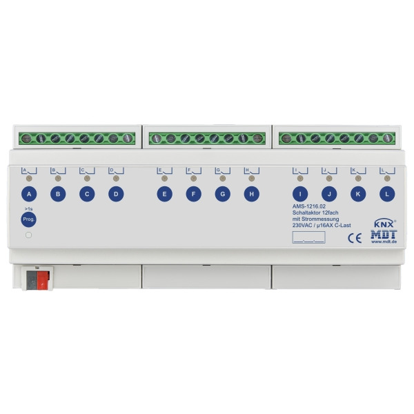 ** MDT AMS-1216.02 KNX Schaltaktor 12-fach 12TE REG 16 A 230 V AC C-Last mit Strommessung 140 µF