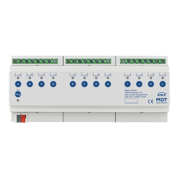 MDT AMS-1216.03 KNX Schaltaktor 12-fach 12TE REG 16 A 230 V AC C-Last mit Strommessung 140 µF