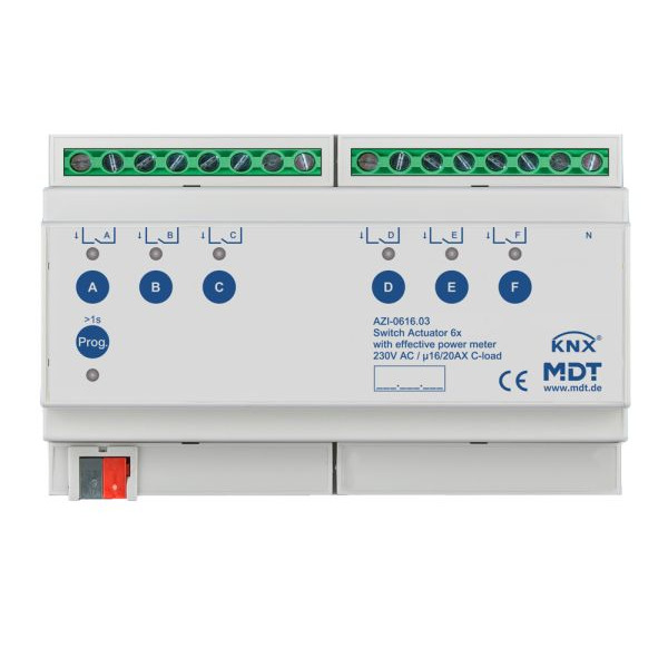 MDT AZI-0616.03 KNX Schaltaktor 6-fach 8TE REG 16/20 A 230 V AC mit Wirkleistungszähler 200 µF