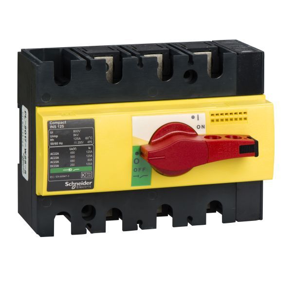Schneider 28926 Lasttrennsch. INS125,3P, 125A/690V AC/250V DC,Drehantrieb rot/Grund gelb