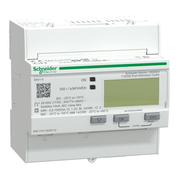 Schneider A9MEM3115 Energiezähler iEM3115, 3-phasig, 63A, mit Teilzähler, 2E, Multi-Tarif, MID konform, Genauigkeitsklasse 1