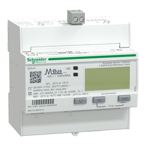 Schneider A9MEM3135 Energiezähler iEM3135, 3-phasig, 63A, erweiterte Messfunktion, M-Bus, 1E/1A, MID konform, Genauigkeitsklasse 1