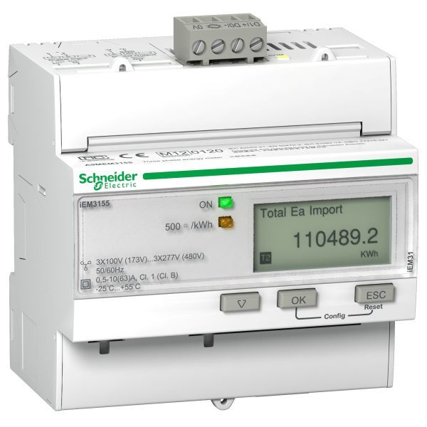 Schneider A9MEM3155 Energiezähler iEM3155, 3-phasig, 63A, erweiterte Messfunktion, Modbus, 1E/1A, MID konform, Genauigkeitsklasse 1