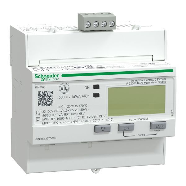 Schneider A9MEM3165 Energiezähler iEM3165, 3-phasig, 63A, erweiterte Messfunktion, BACnet, 1E/1A, MID konform, Genauigkeitsklasse 1