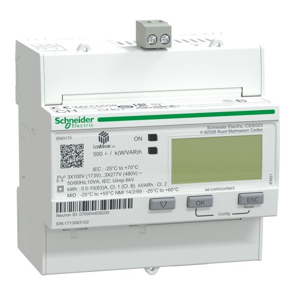 Schneider A9MEM3175 Energiezähler iEM3175, 3-phasig, 63A, erweiterte Messfunktion, LON, 1E, MID konform, Genauigkeitsklasse 1
