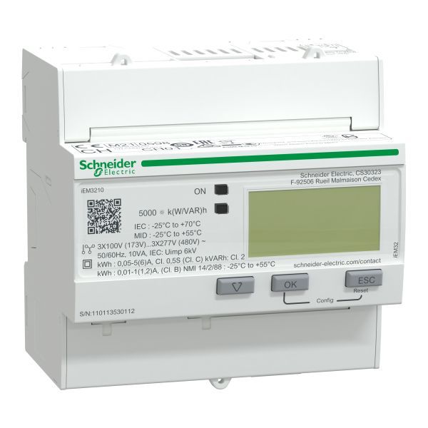 Schneider A9MEM3210 Energiezähler iEM3210, 3-phasig, 1A/5A, mit Teilzähler, S0-Impuls, MID konform, Genauigkeitsklasse 1/0,5s