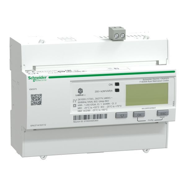 Schneider A9MEM3375 Energiezähler iEM3375, 3-phasig, 125A, erweiterte Messfunktion, LON, 1E, MID konform, Genauigkeitsklasse 1