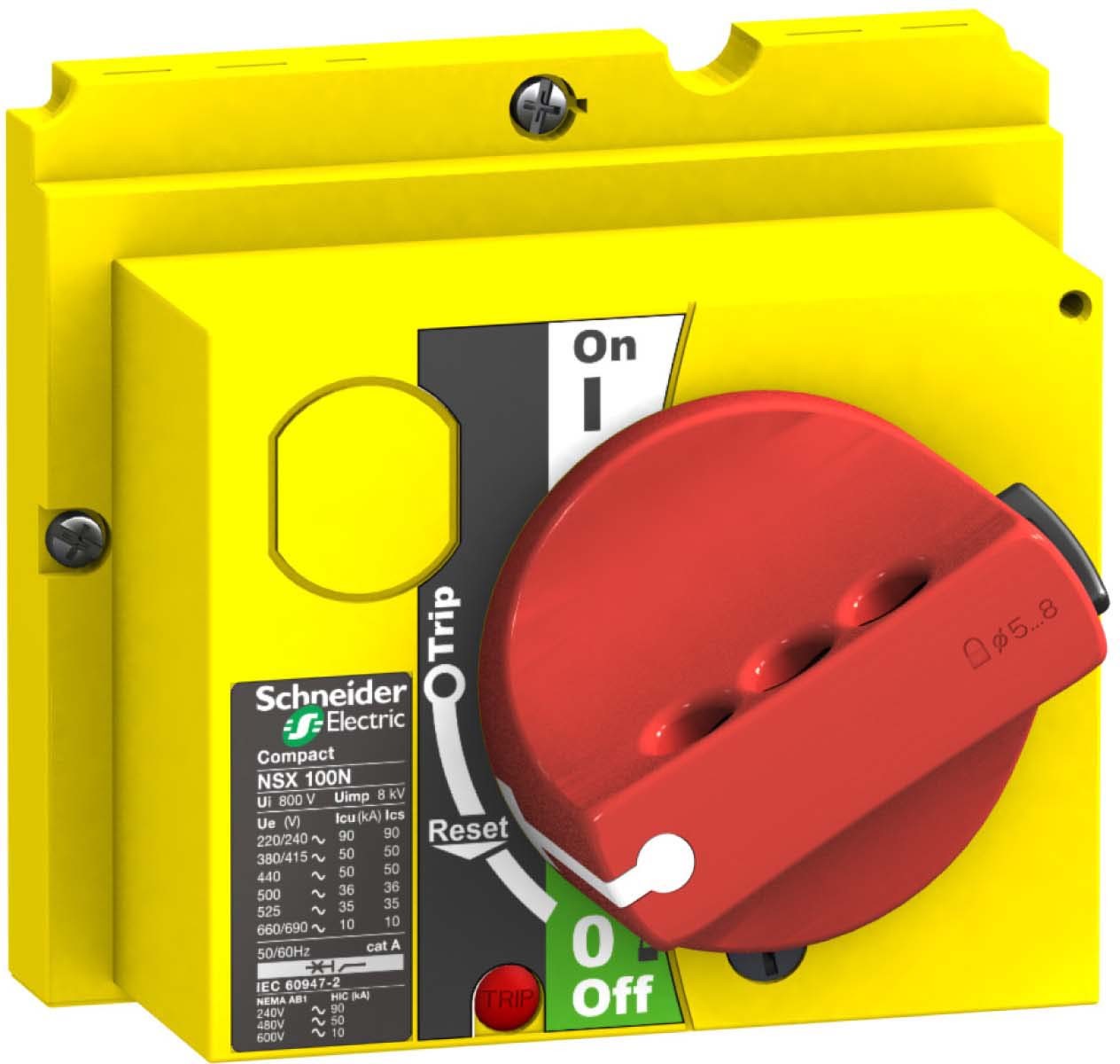 Schneider Electric LV429339 Direkter Drehantrieb mit rotem Griff auf gelbem Hintergrund ComPact NSX100-250