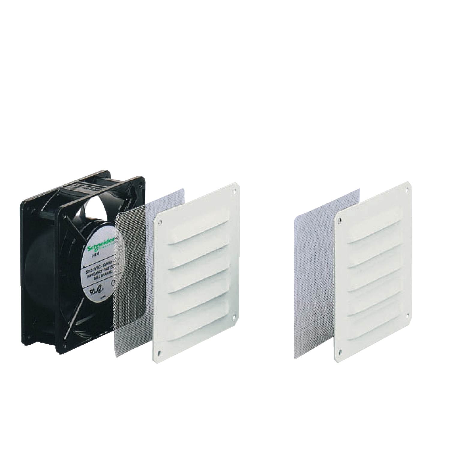Schneider NSYCVF54M230MM2 Climasys-Lüfter, 54m³/h, 230V, 2 Metallgitter und 2 Insektenschutzfilter