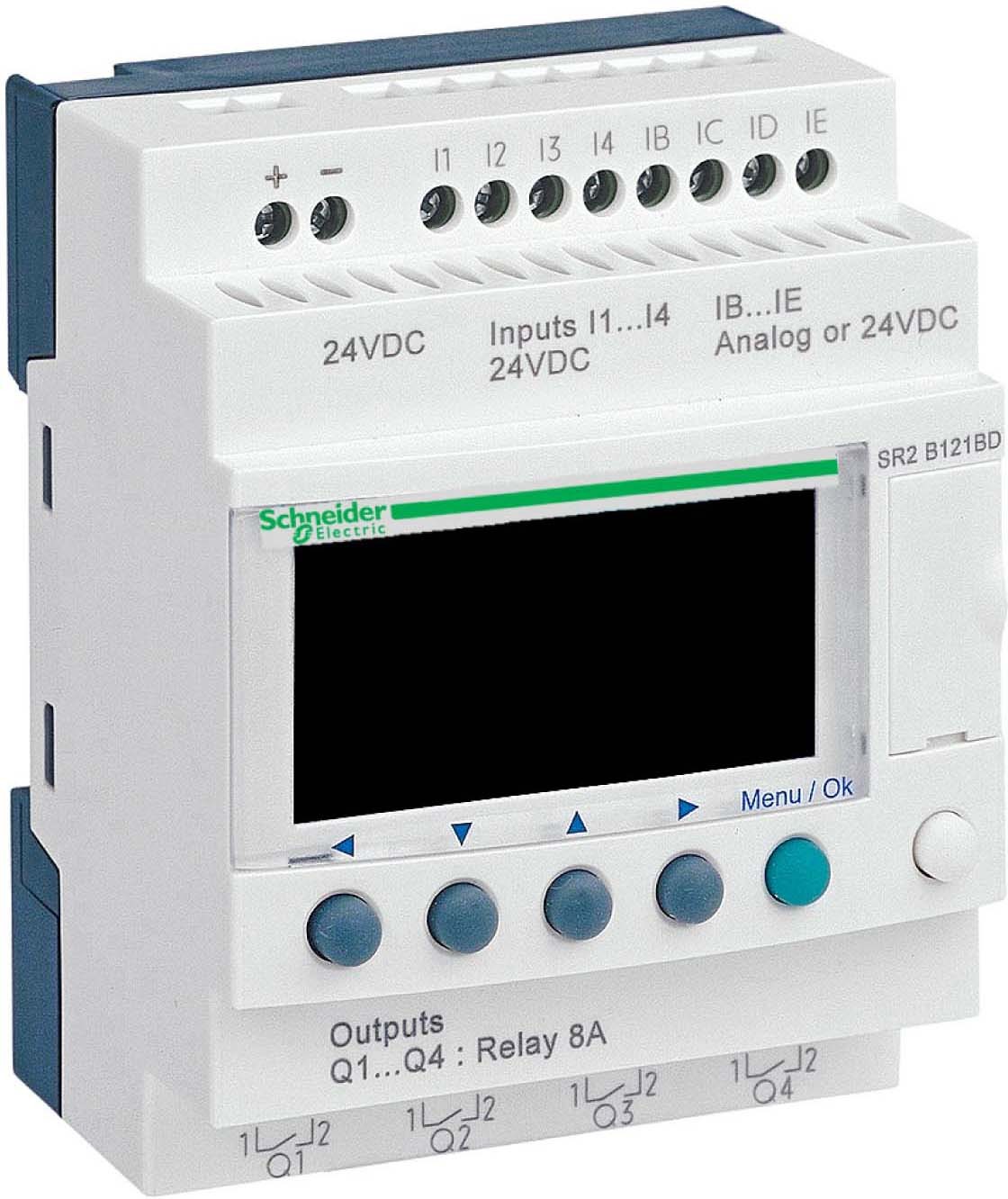 Schneider SR2B121BD SPS-Steuerrelais, Zelio Logic, kompakte Ausführung, 12 E/A, 24 VDC, Display, Uhr, Relaisausgänge