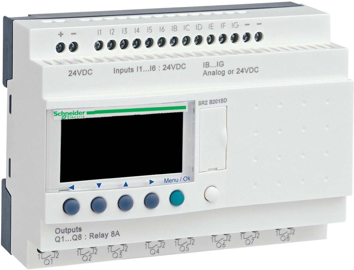 Schneider SR2B201BD SPS-Steuerrelais, Zelio Logic, kompakte Ausführung, 20 E/A, 24 VDC, Display, Uhr, Relaisausgänge