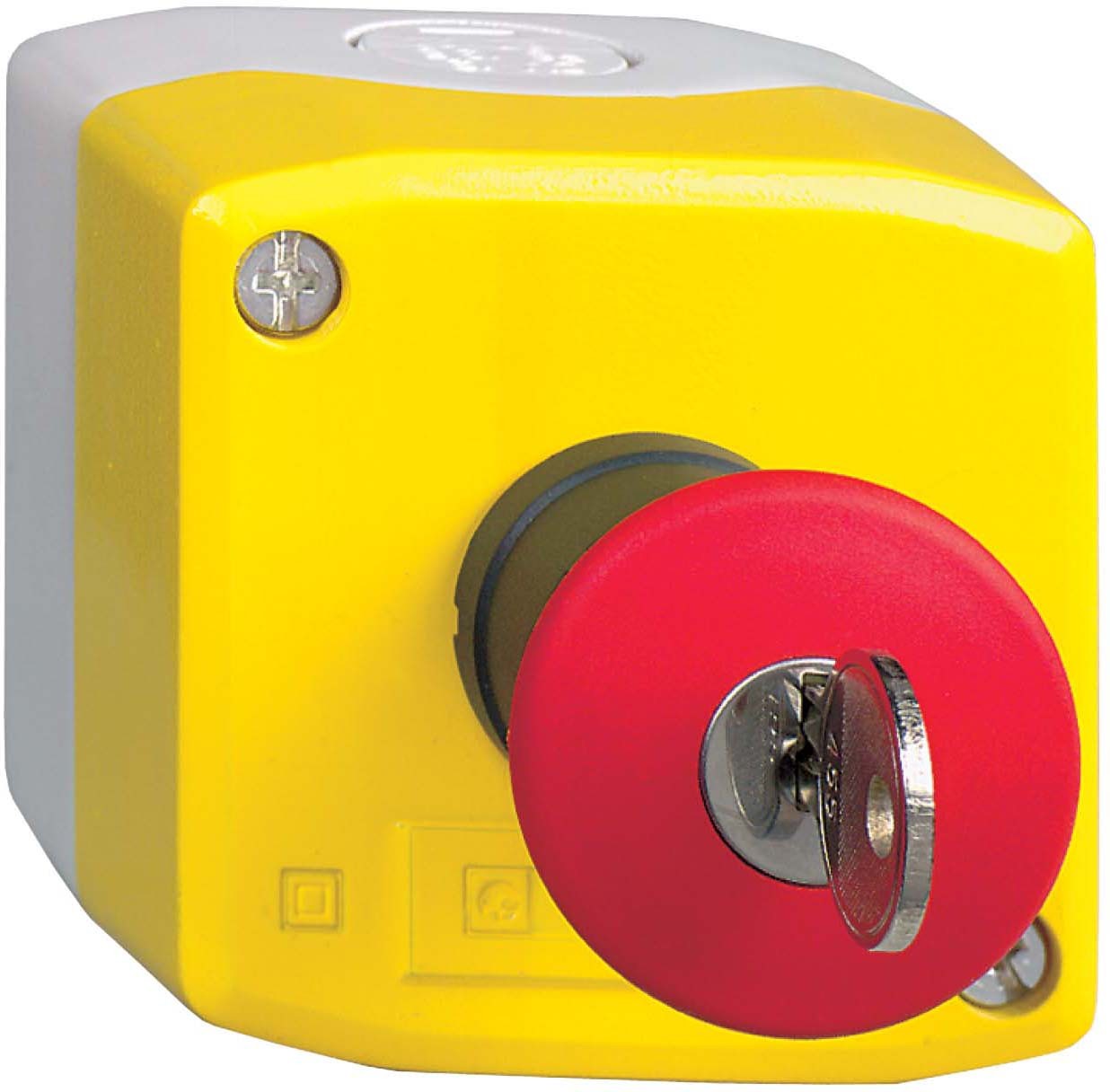 Schneider XALK188E Aufbaugehäuse, Harmony XALK, Kunststoff, hellgrau, gelb, 1 Not-Aus-Schalter, Schlüsselentriegelung, 1Ö+1S