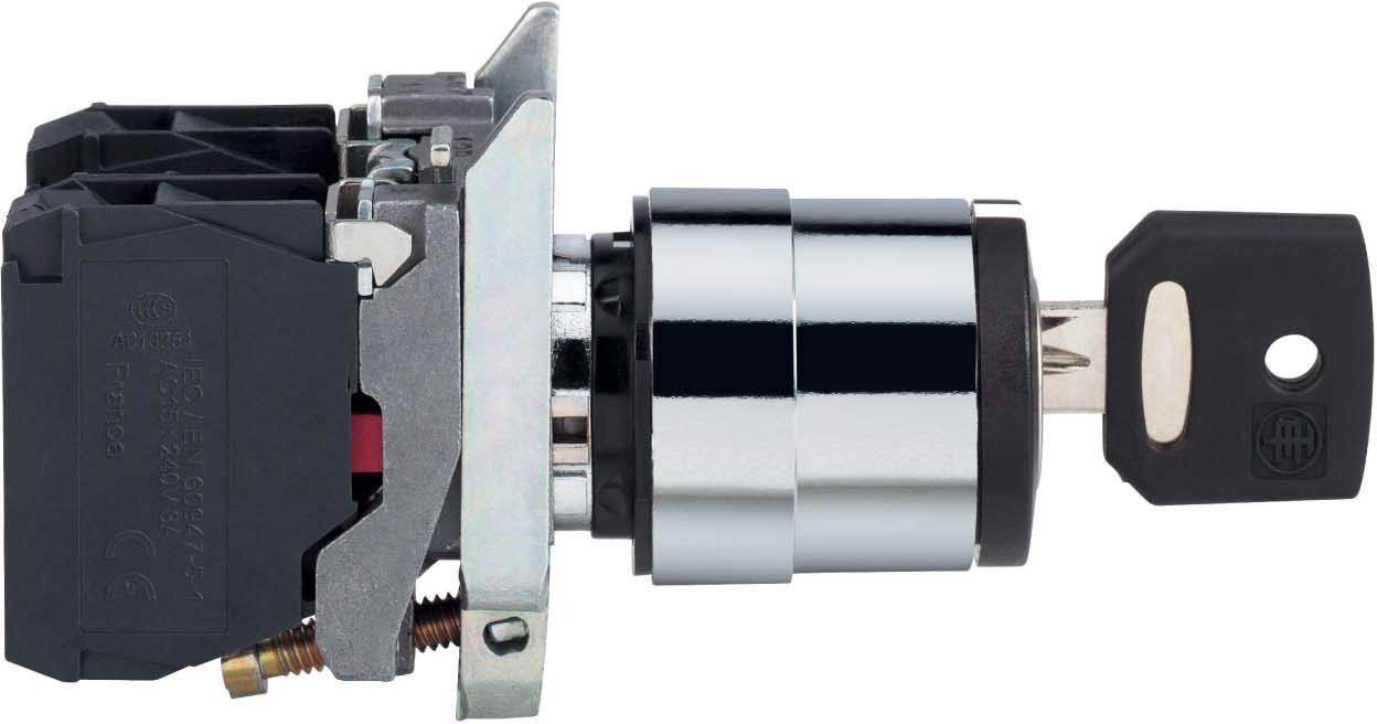 Schneider XB4BG03 Schlüsselschalter, Harmony XB4, Metall, 22mm, schwarz, 3 Stellungen, rastend, Ronis 455, 2S