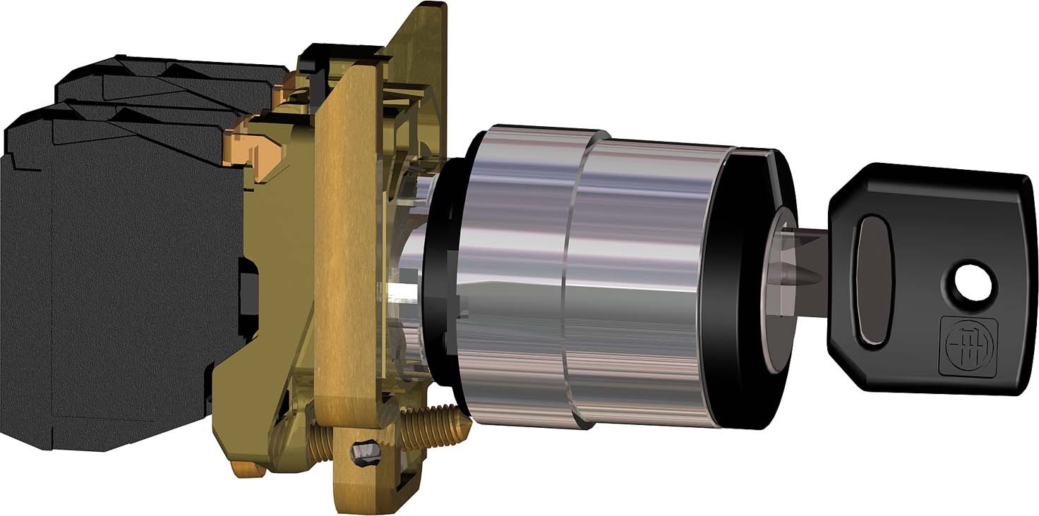 Schneider XB4BG03EX Schlüsselschalter, Harmony XB4, Metall, 22mm, schwarz, 3 Stellungen, rastend, Ronis 455, 2S, ATEX
