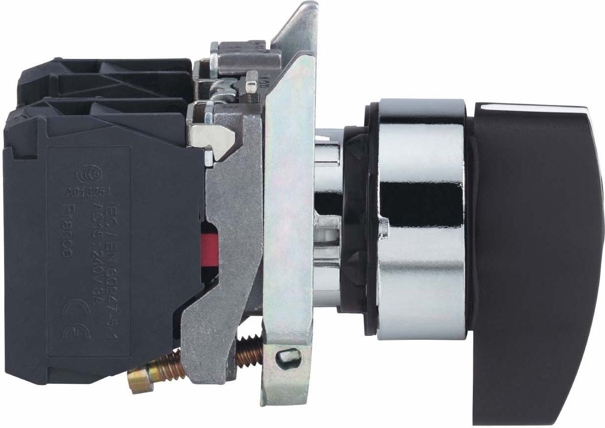 Schneider XB4BJ53 Wahlschalter, Harmony XB4, Metall, 22mm, schwarz, 3 Stellungen, langer Knebel, Mitte rastend, Rechts Links tastend, 2S