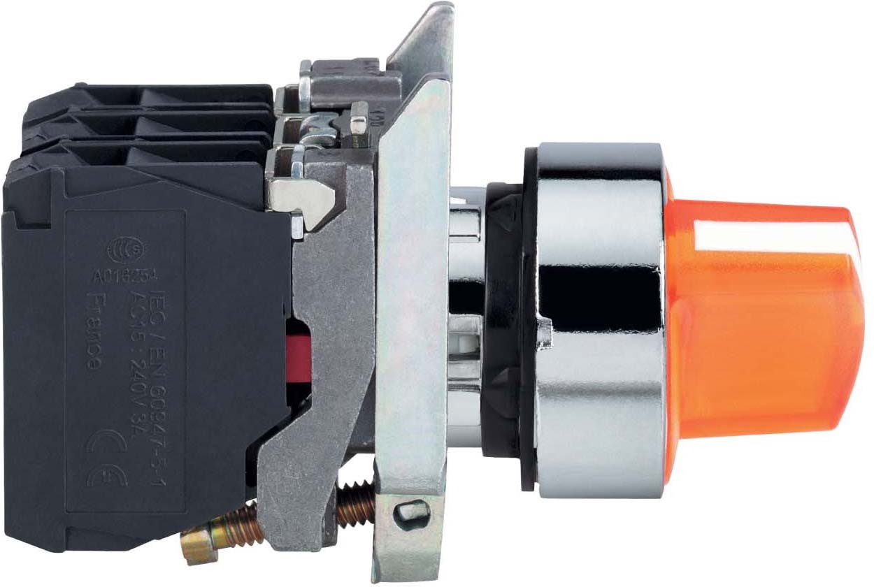 Schneider XB4BK125B5 Leuchtwahlschalter, Harmony XB4, Metall, 22mm, orange, universelle LED, 2 Stellungen, 1S+1Ö, 24V ACDC