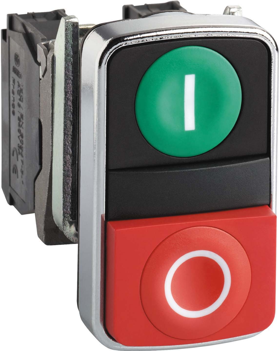 Schneider XB4BL73415 Doppeldrucktaster, Harmony XB4, Metall, 22mm, grün, rot, beschriftet I/O, tastend, 1S+1Ö