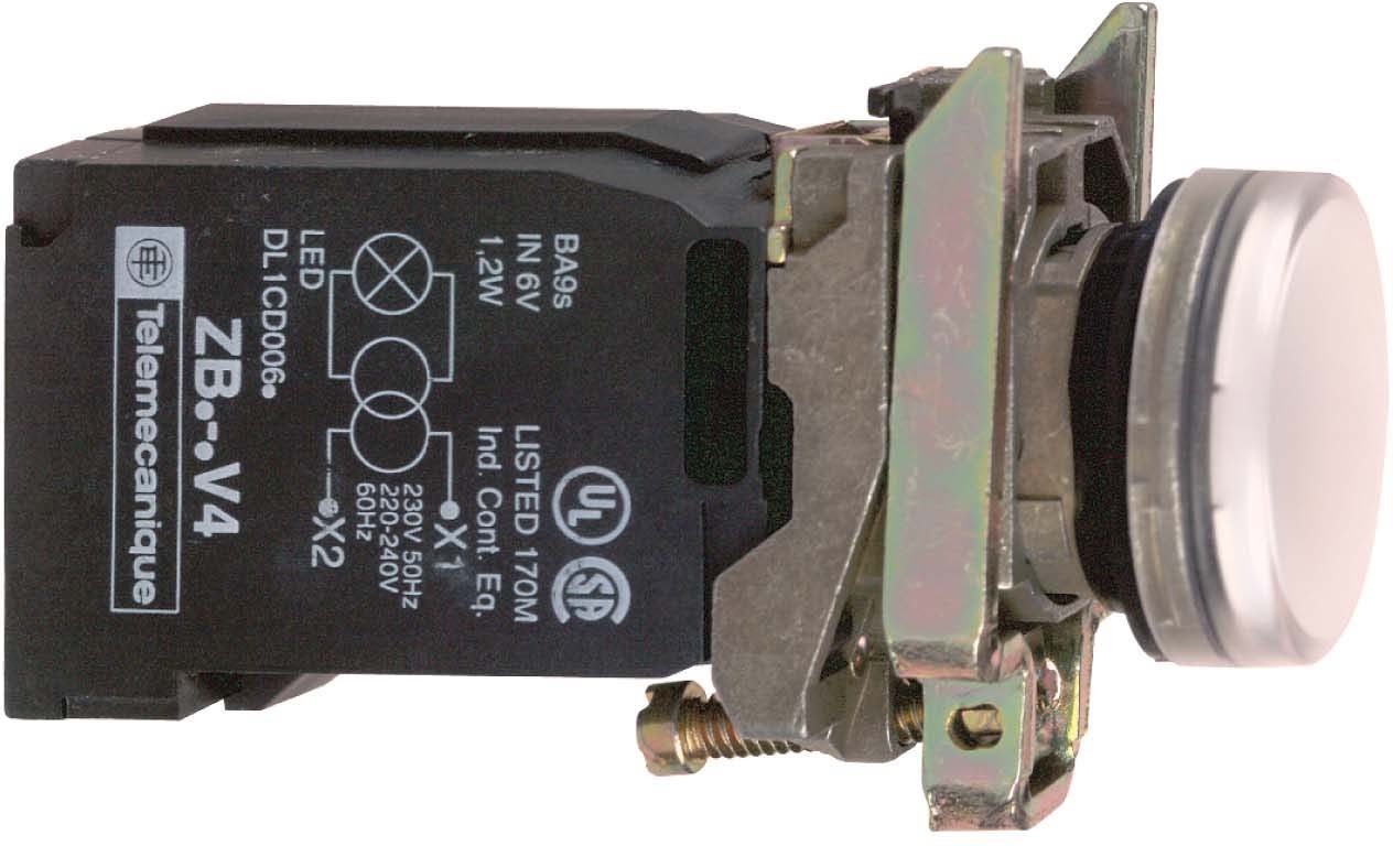 Schneider XB4BV31 Leuchtmelder, Harmony XB4, Metall, 22mm, weiß, mit Trafo, Glühlampe BA9s, glatte Kalotte, Schraubklemme, 120V AC