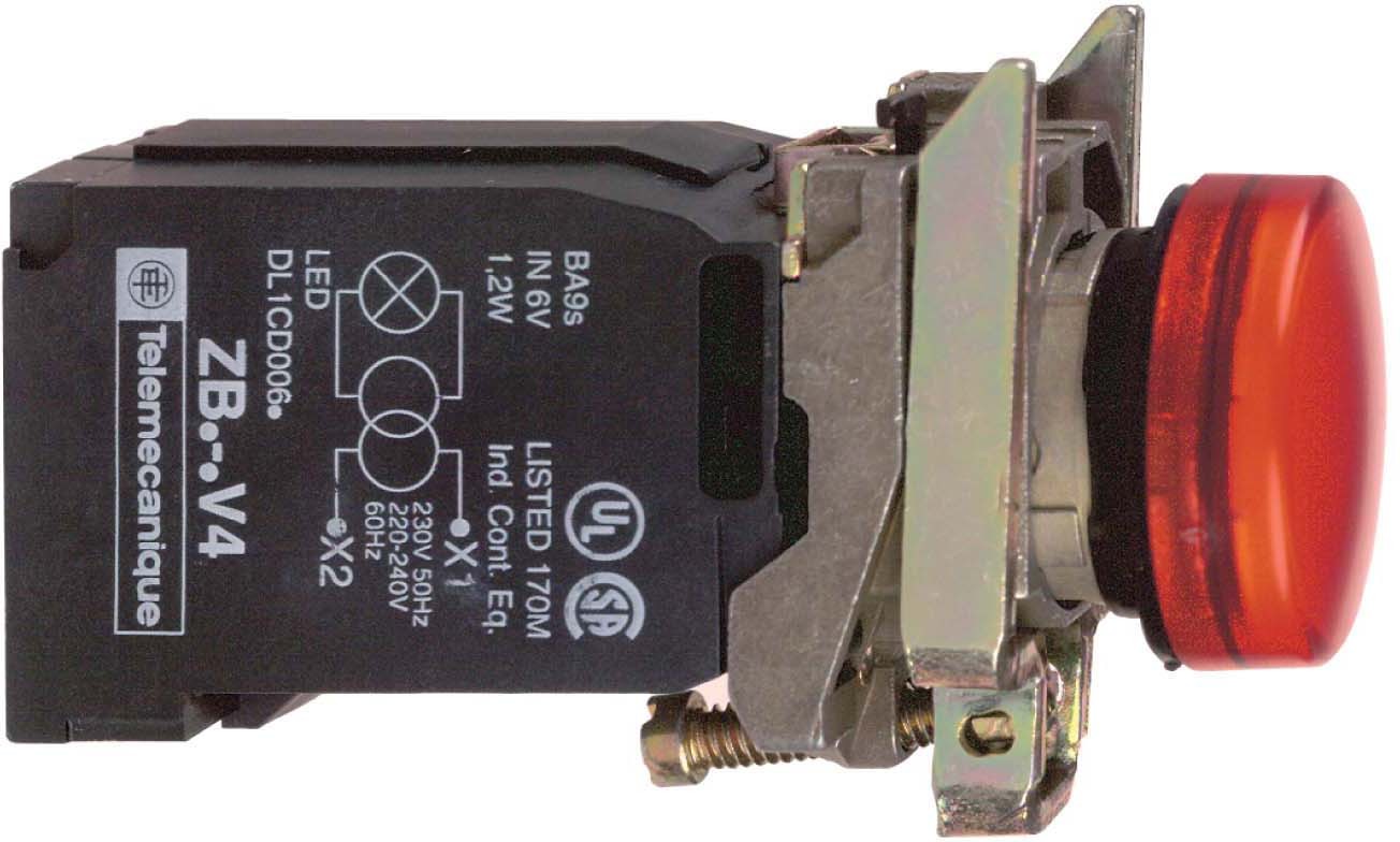 Schneider XB4BV34 Leuchtmelder, Harmony XB4, Metall, 22mm, rot, mit Trafo, Glühlampe BA9s, glatte Kalotte, Schraubklemme, 120V AC