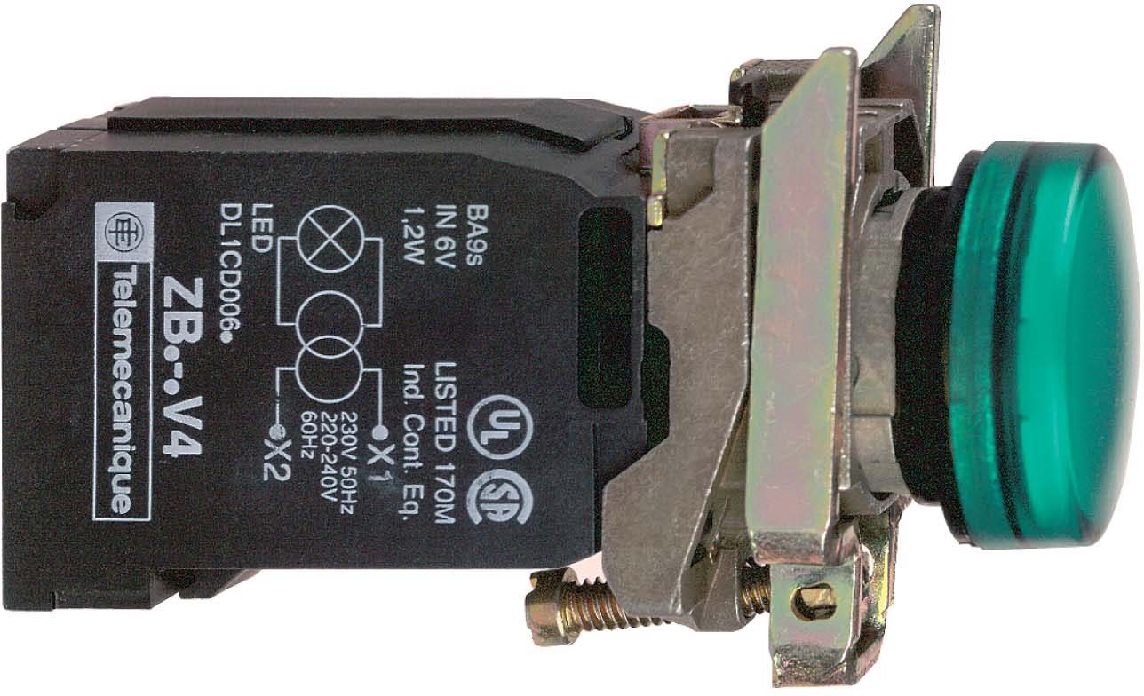 Schneider XB4BV43 Leuchtmelder, Harmony XB4, Metall, 22mm, grün, mit Trafo, Glühlampe BA9s, glatte Kalotte, Schraubklemme, 230V AC