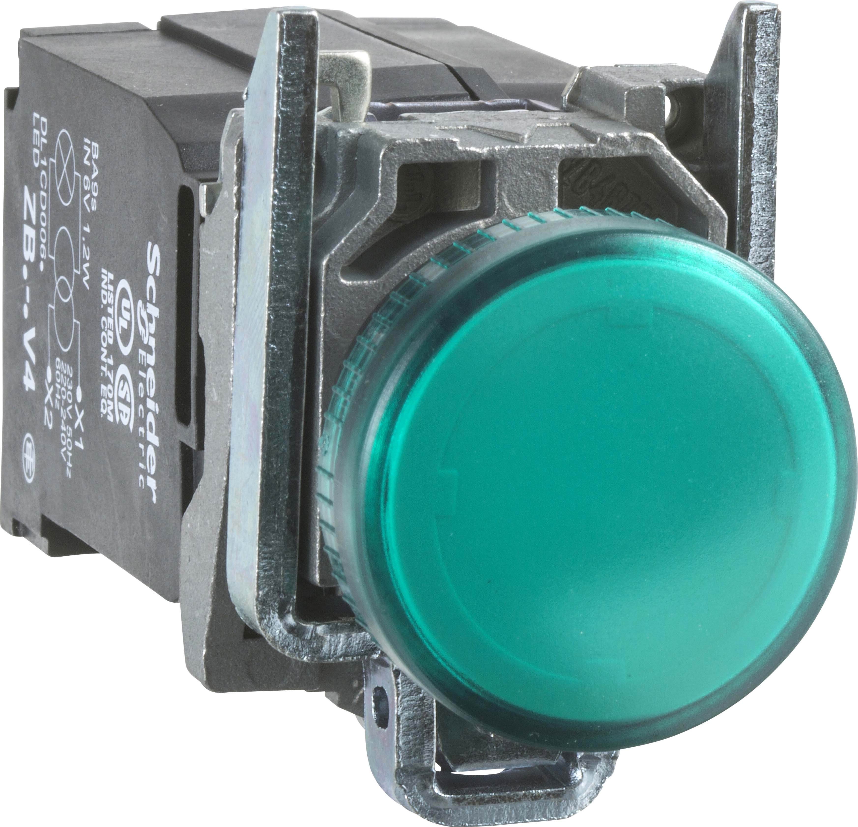 Schneider XB4BV5B3 Leuchtmelder, Harmony XB4, Metall, 22mm, grün, mit Trafo, Glühlampe BA9s, glatte Kalotte, Schraubklemme, 400V