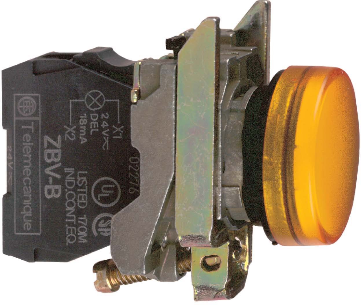 Schneider XB4BVB5 Leuchtmelder, Harmony XB4, Metall, 22mm, orange, universelle LED, glatte Kalotte, Schraubklemme, 24V ACDC