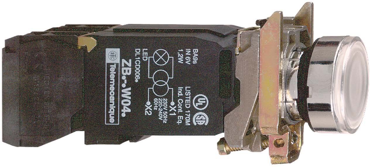 Schneider XB4BW3135 Leuchtdrucktaster, Harmony XB4, Metall, 22mm, weiß, unbeschriftet, Glülampe BA9s, glatte Kalotte, 1S+1Ö, 120V AC