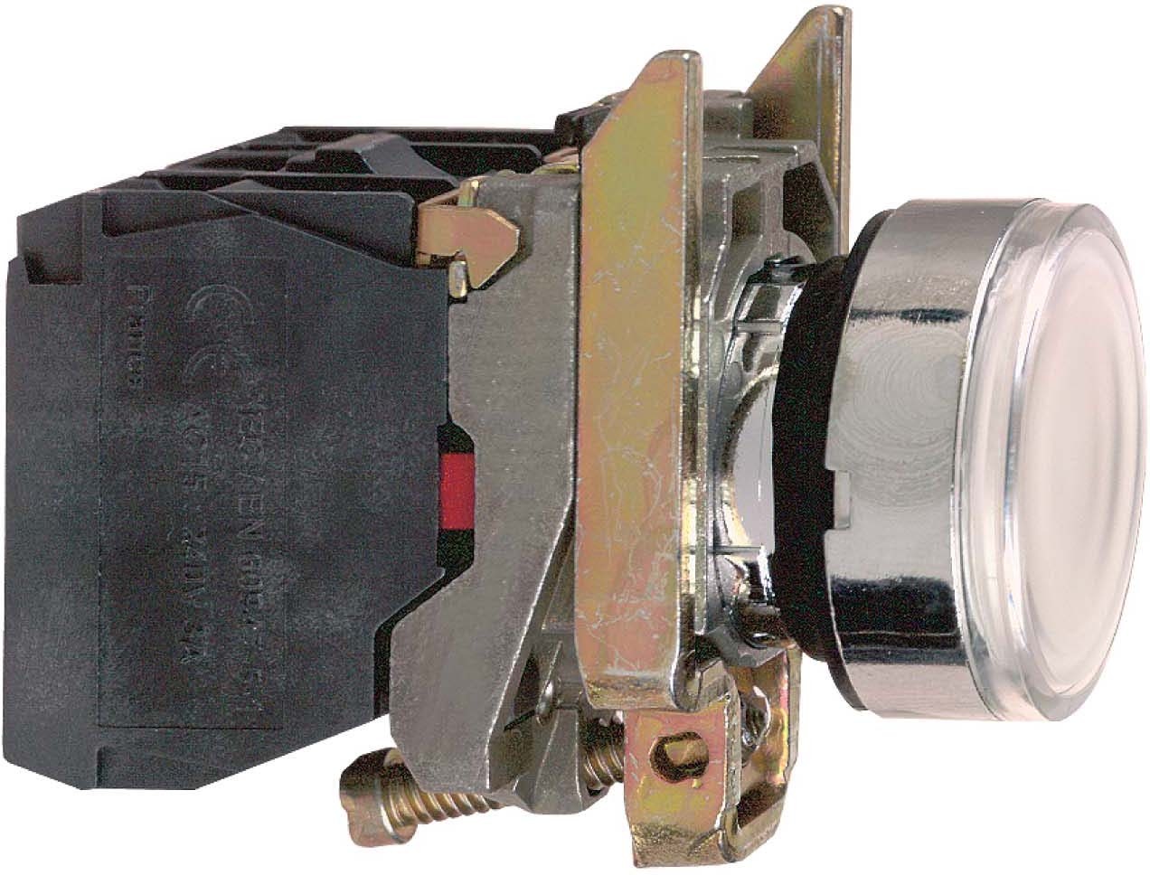 Schneider XB4BW31M5 Leuchtdrucktaster, Harmony XB4, Metall, 22mm, weiß, unbeschriftet, universelle LED, glatte Kalotte, 1S+1Ö, 230-240V AC
