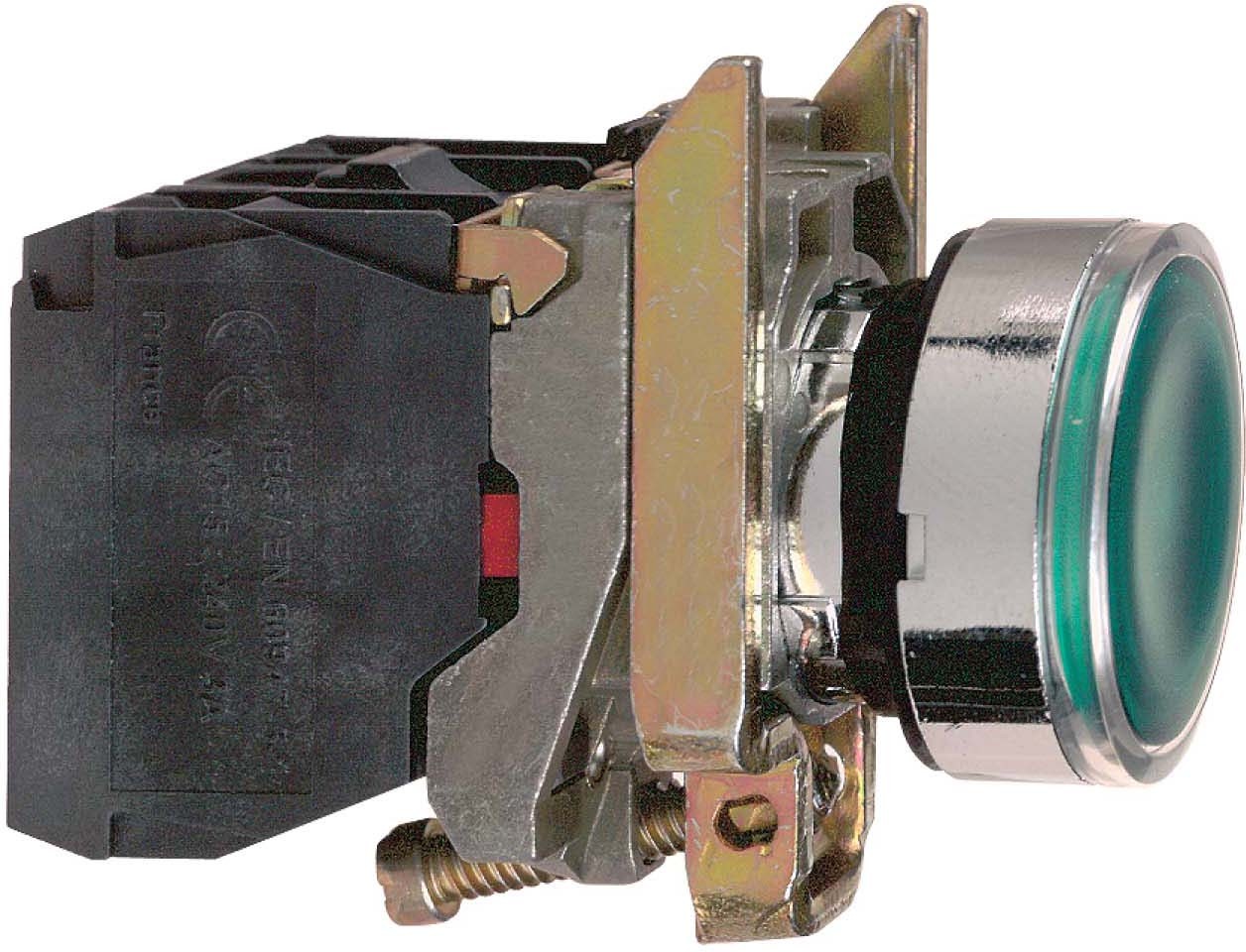 Schneider XB4BW33G5 Leuchtdrucktaster, Harmony XB4, Metall, 22mm, grün, unbeschirftet, universelle LED, glatte Kalotte, 1S+1Ö, 110-120V AC
