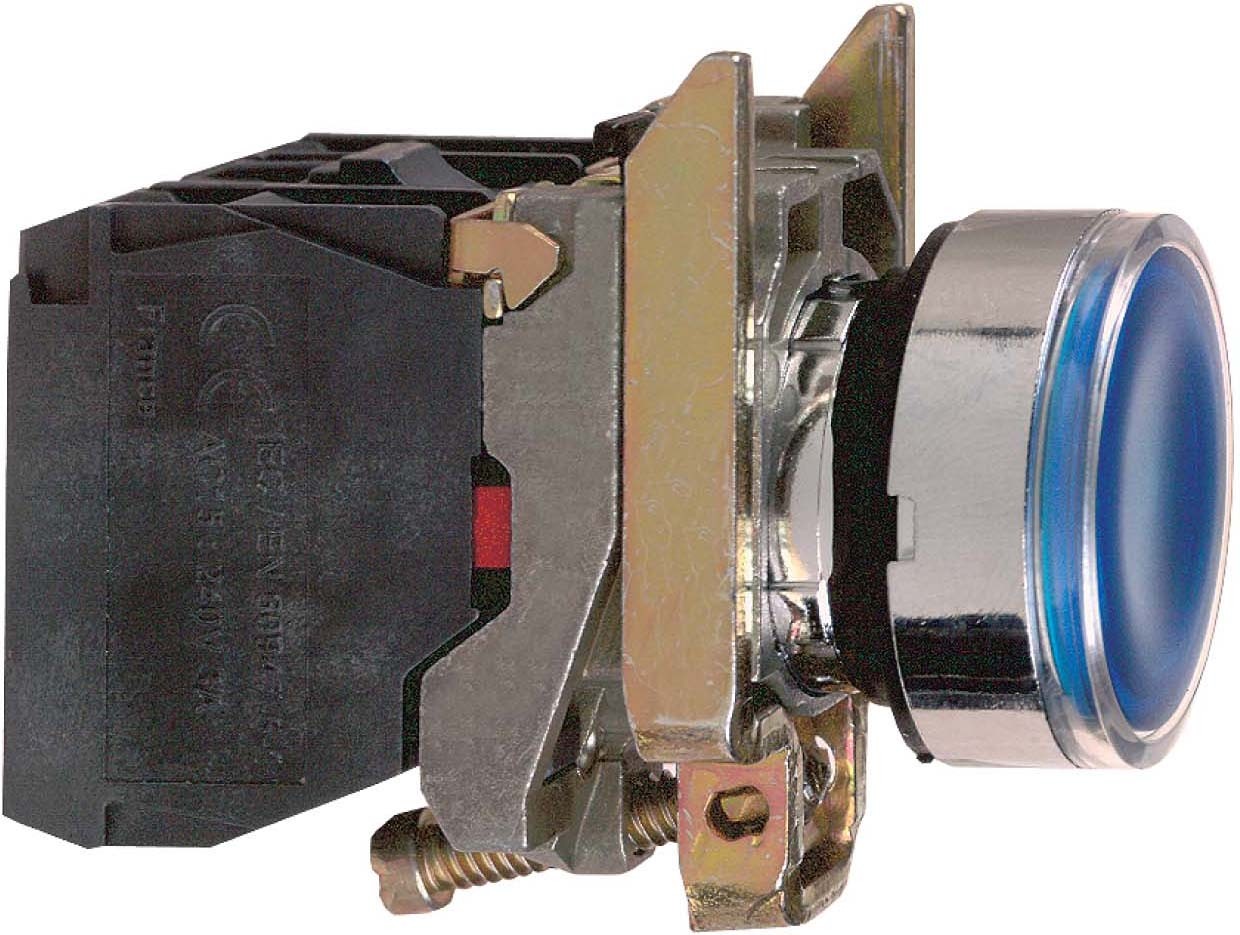 Schneider XB4BW36G5 Leuchtdrucktaster, Harmony XB4, Metall, 22mm, blau, unbeschirftet, universelle LED, glatte Kalotte, 1S+1Ö, 110-120V AC