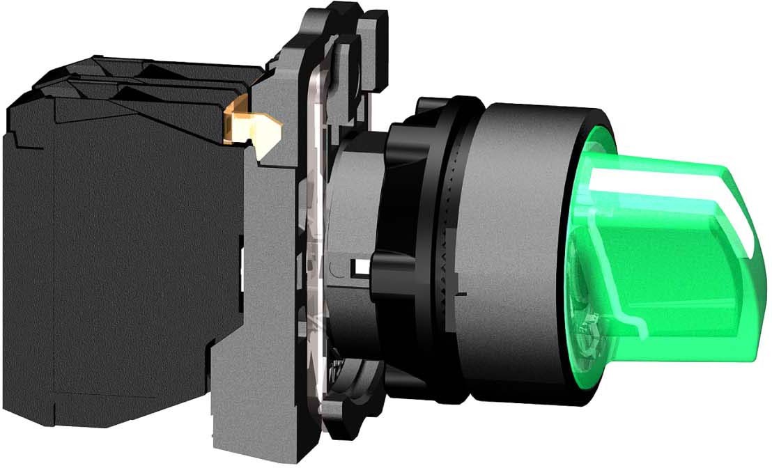 Schneider XB5AK123G5 Leuchtwahlschalter, Harmony XB5, Kunststoff, grün, 22mm, universelle LED, 2 Stellungen, 1S + 1Ö, 110-120V AC