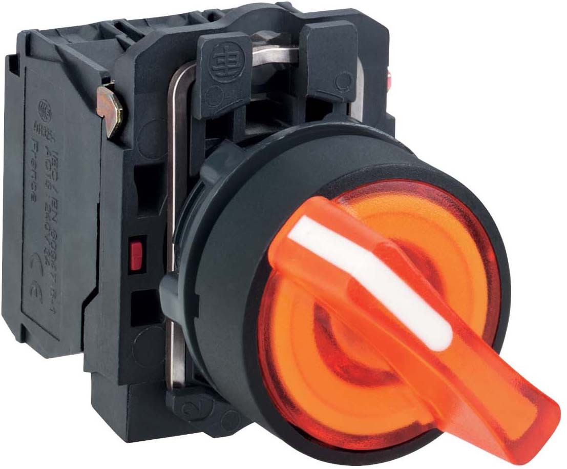 Schneider XB5AK125B5 Leuchtwahlschalter, Harmony XB5, Kunststoff, orange, 22mm, universelle LED, 2 Stellungen, 1S + 1Ö, 24V ACDC