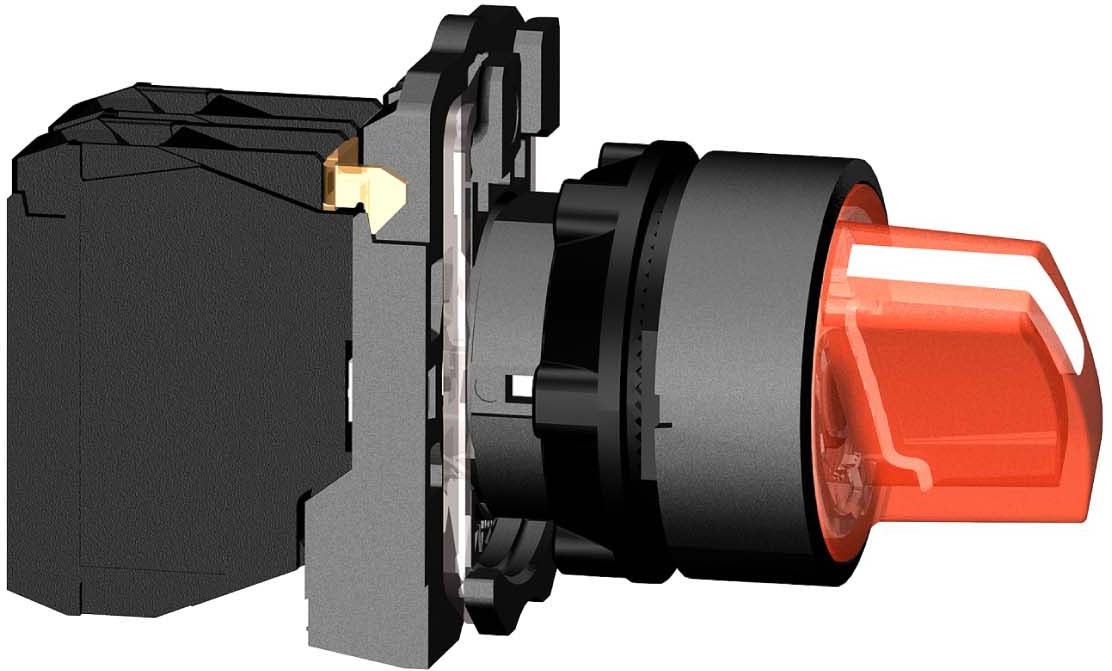 Schneider XB5AK134B5 Leuchtwahlschalter, Harmony XB5, Kunststoff, rot, 22mm, universelle LED, 3 Stellungen, 1S + 1Ö, 24V ACDC
