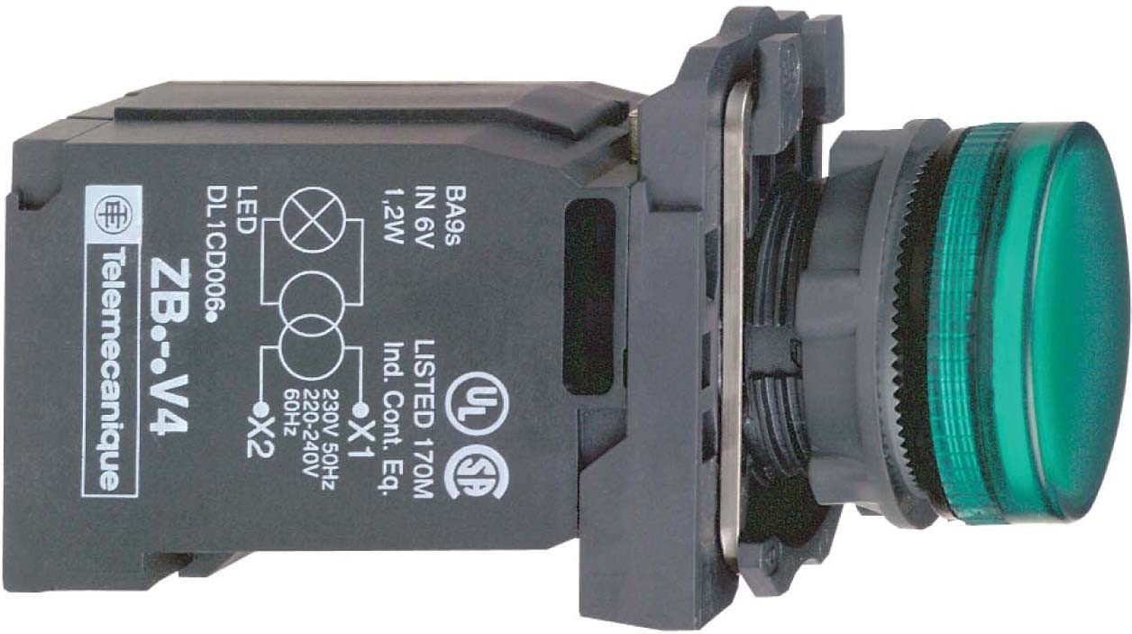 Schneider XB5AV33 Leuchtmelder, Harmony XB5, Kunststoff, grün, 22mm, BA9s Glühlampe, glatte Kalotte, 120V AC