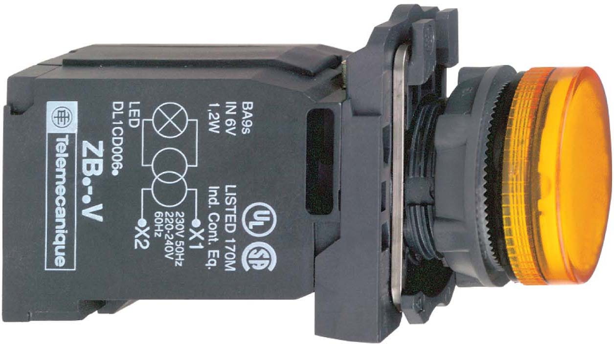 Schneider XB5AV45 Leuchtmelder, Harmony XB5, Kunststoff, orange, 22mm, BA9s Glühlampe, glatte Kalotte, 230V AC