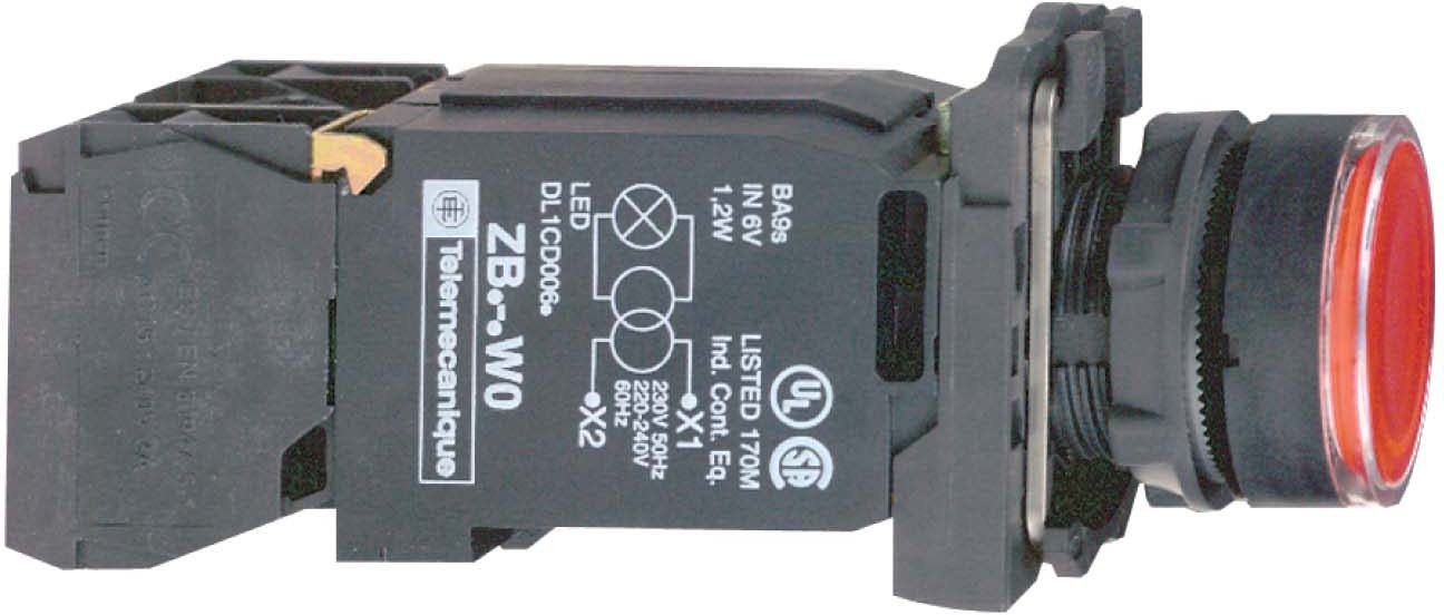 Schneider XB5AW3445 Leuchtdrucktaster, rot, flach, Komplettgerät Ø22 ohne Rastung 1S+1Ö 220-240V