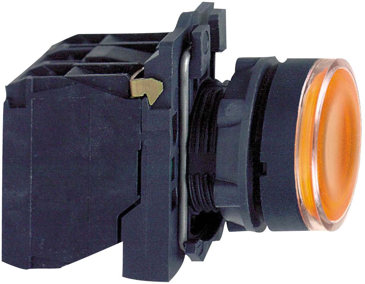 Schneider XB5AW35B5 Leuchtdrucktaster, Harmony XB5, Kunststoff, orange, 22mm, universelle LED, glatte Kalotte, 1S + 1Ö, 24V ACDC