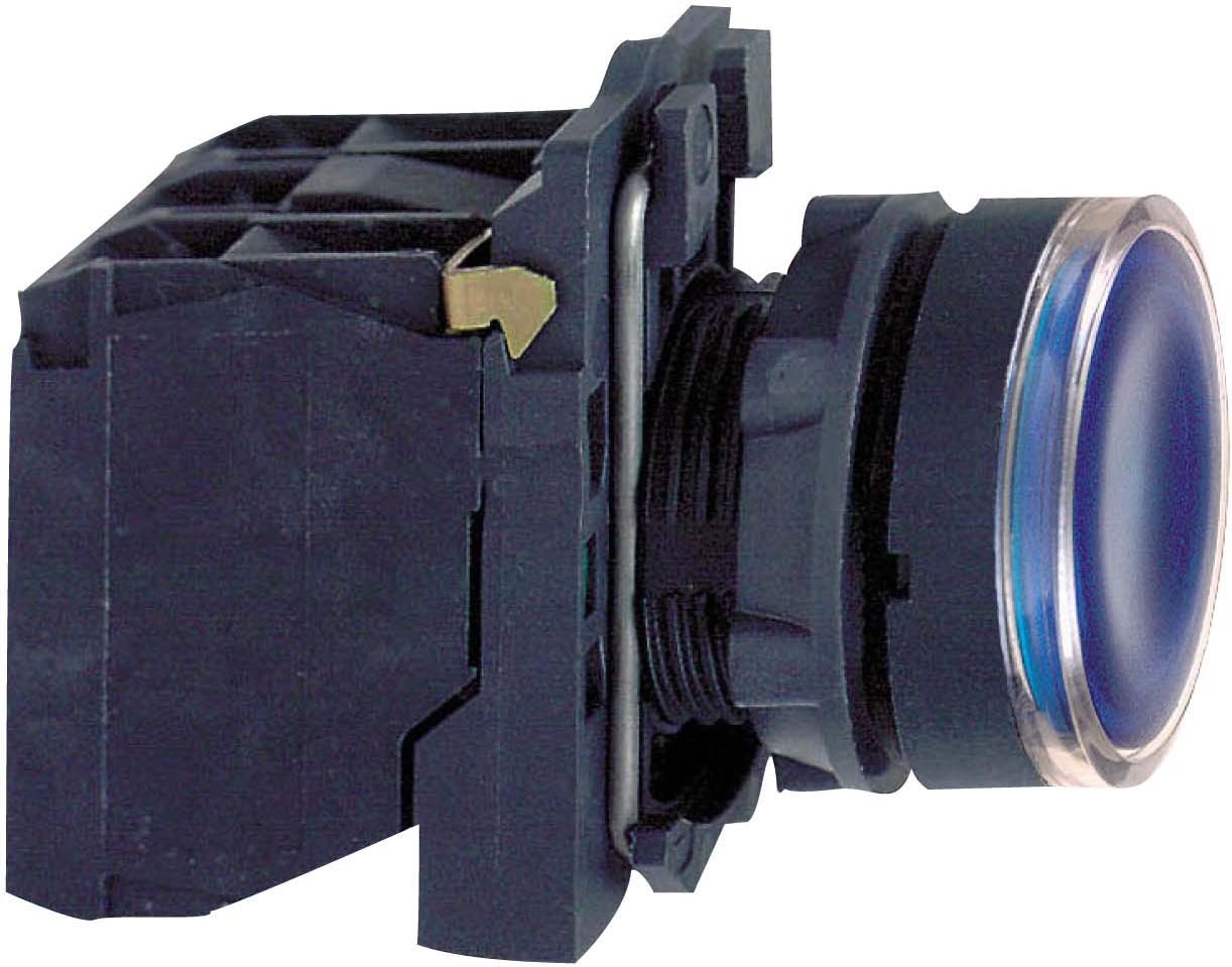 Schneider XB5AW36M5 Leuchtdrucktaster, Harmony XB5, Kunststoff, blau, 22mm, universelle LED, glatte Kalotte, 1S + 1Ö, 230-240V AC