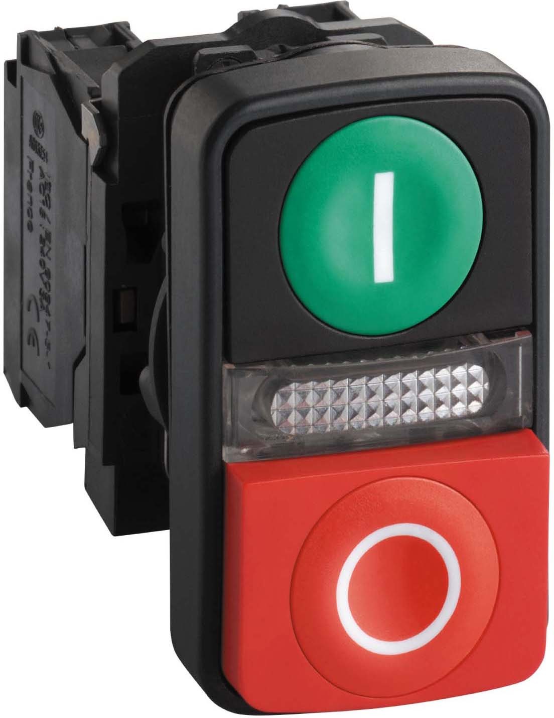 Schneider XB5AW73731G5 Doppeldrucktaster, Harmony XB5, Kunststoff, beleuchtet, grün I, rot O, 22mm, tastend, 1S + 1Ö, 120V AC