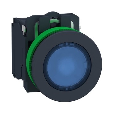 Schneider XB5FW36B5 Leuchtdrucktaster, Harmony XB5F, Kunststoff, 30mm, blau, universelle LED, 1S+1Ö, 24V ACDC
