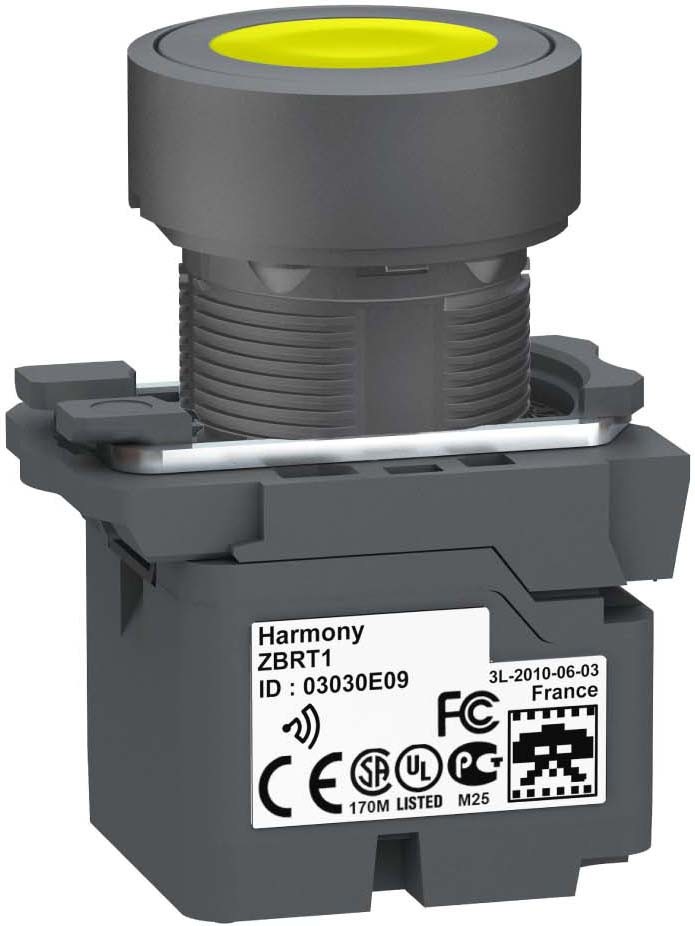 Schneider ZB5RTA5 Funkdrucktaster, Harmony XB5R, Kunststoff, 22mm, gelb, unbeschriftet, tastend, batterielos, kabellos
