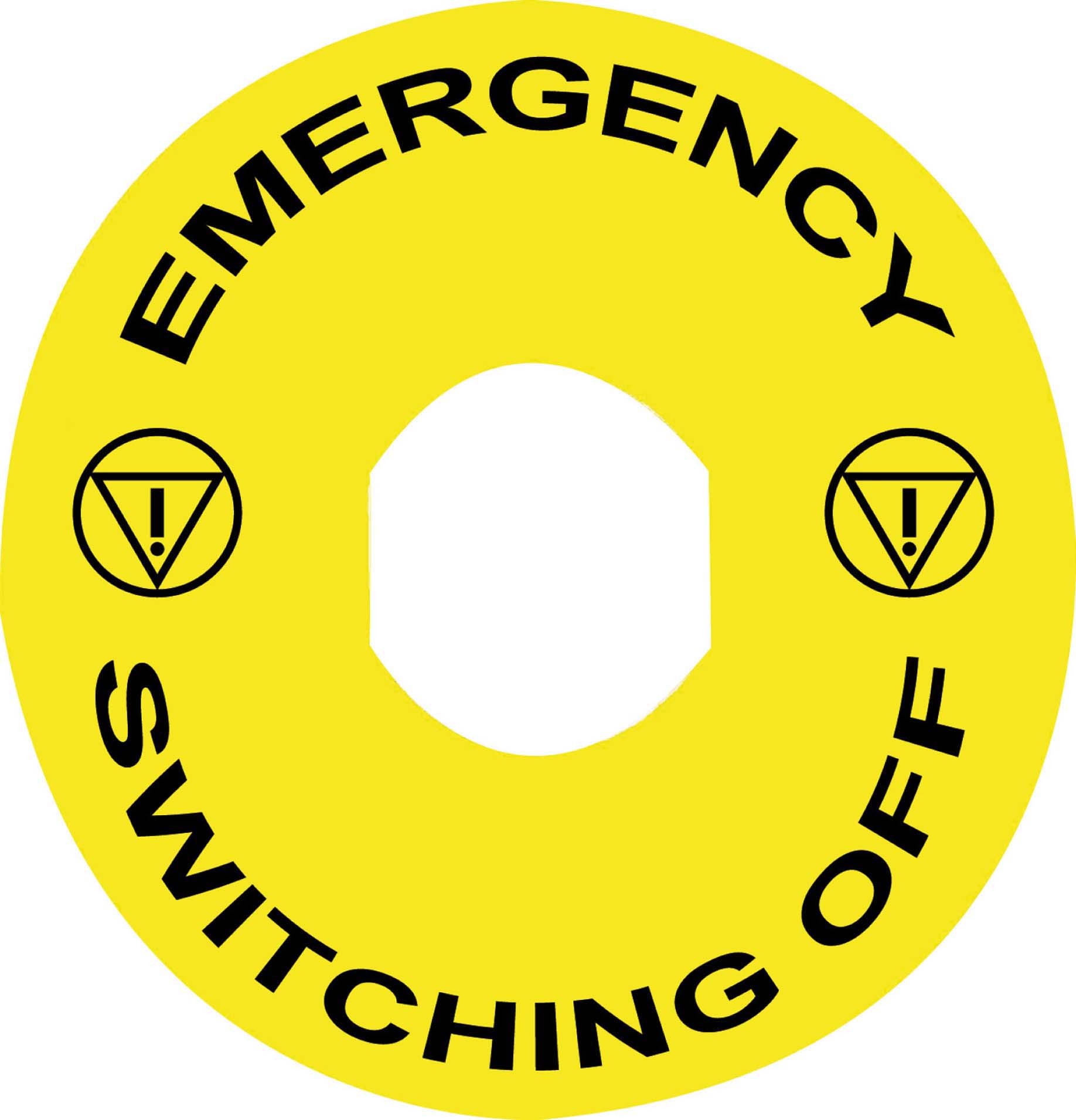Schneider ZBY9360 Schild Ø60 für Not-Halt/Not-Aus-Taster, EMERGENCY SWITCHING OFF/Logo ISO13850