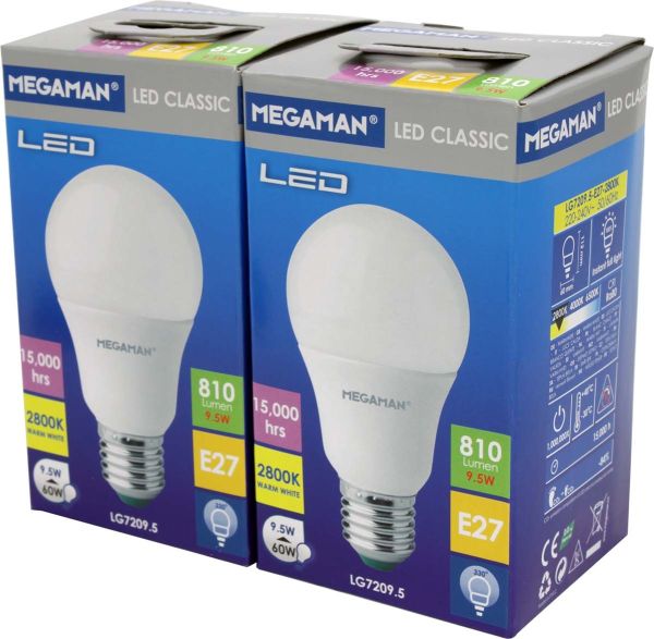 Megaman MM21945 LED Classic A60 2er-Pack 8,6W-E27/827 2700K, 810lm, VE2