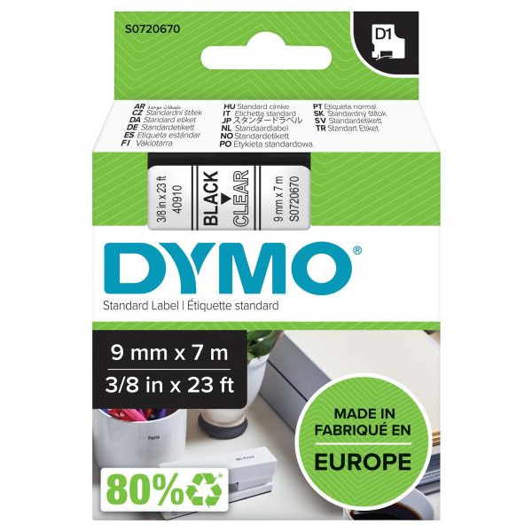 Dymo 40910 D1 Schriftband 9mm/7m schwarz auf transparent