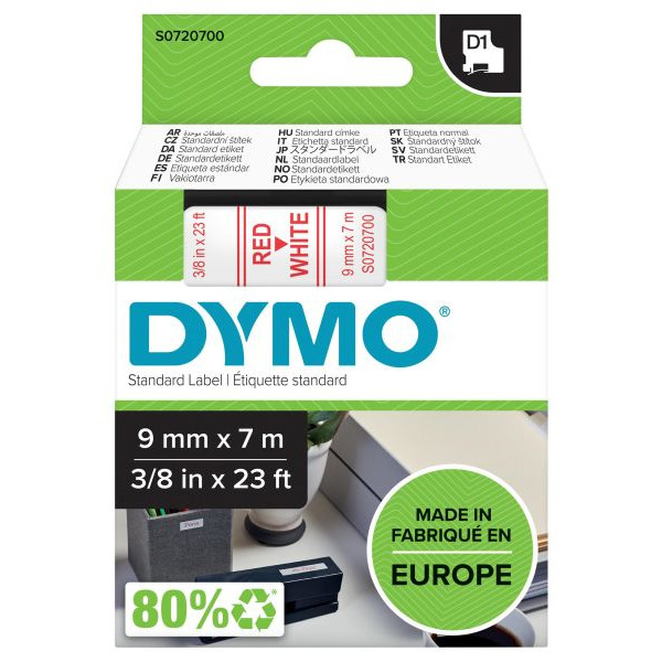 Dymo 40915 D1 Schriftband 9mm/7m rot auf weiß