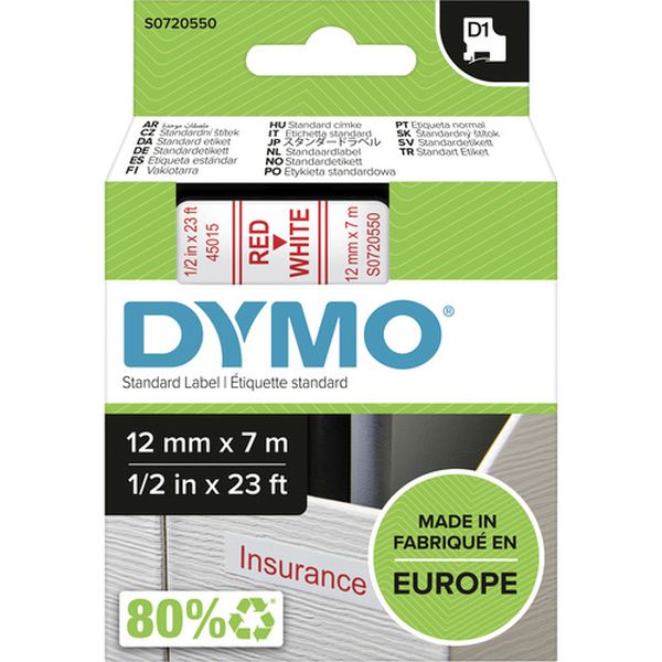 Dymo 45015 D1 Schriftband 12mm/7m rot auf weiß