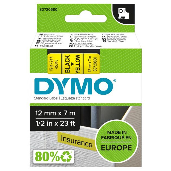 Dymo 45018 D1 Schriftband 12mm/7m schwarz auf gelb